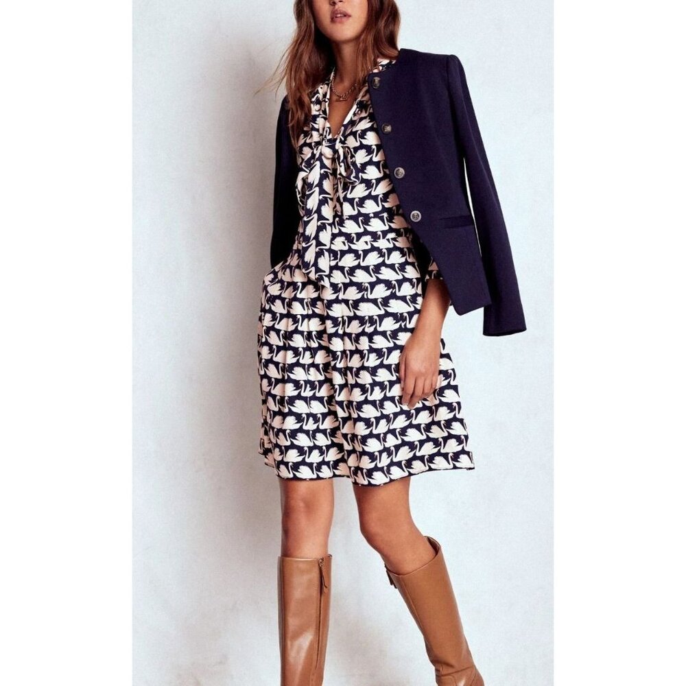 NWT Women's Boden Tie Neck Short Dress French Navy + White Swan Print Size 6R - Picture 5 of 9